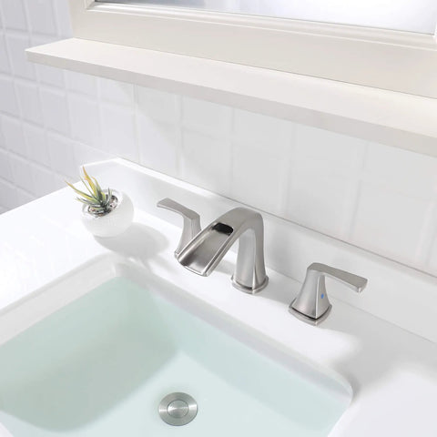 Two Handle Waterfall Widespread Bathroom Faucet In Brushed Nickel With Metal Pop Up Drain And cUPC Supply Lines Doris Model Ideal Vanity Upgrade For 6 To 12 Inch Center Distances