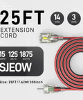 Heavy Duty Outdoor Extension Cord 25 Ft 14/3 Gauge Waterproof with Locking LED Plugs, All Weather SJEOW Jacket, coiled view.