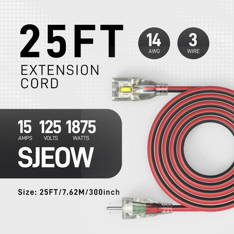 Heavy Duty Outdoor Extension Cord 25 Ft 14/3 Gauge Waterproof with Locking LED Plugs, All Weather SJEOW Jacket, coiled view.
