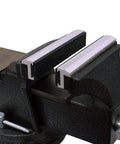 Pair Of Dead Nuts Secure 4 Inch Magnetic Soft Vise Jaw Pads on bench vice, featuring heavy duty aluminum base and soft grip pads.