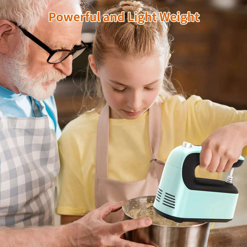9 Speed Digital Hand Mixer With 400W Kickin Power And Featherlight Build, Smooth Operating Electric Handheld Unit For Baking Projects in use by a girl.