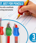 Child using 3 Step Pencil Grip Training Kit For Kids And Adults, Crossover Grip, Pinch Grip, Standard Ergonomic Grips in assorted colors.