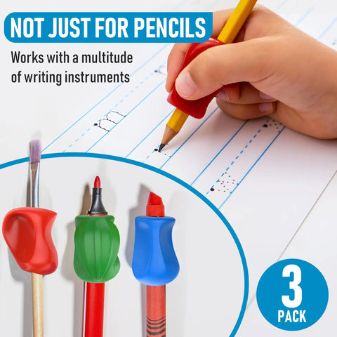 Child using 3 Step Pencil Grip Training Kit For Kids And Adults, Crossover Grip, Pinch Grip, Standard Ergonomic Grips in assorted colors.
