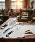 Three Piece Grommet Hole Punch Set With Steel Hollow Punches for leatherworking displayed on a craft table with sewing tools in the background.