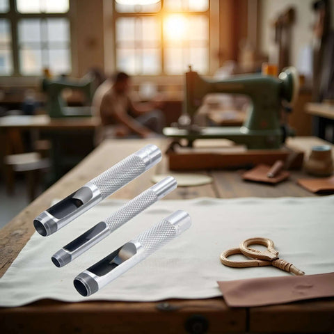 Three Piece Grommet Hole Punch Set With Steel Hollow Punches for leatherworking displayed on a craft table with sewing tools in the background.