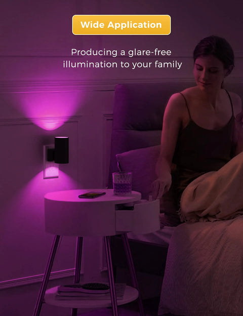 LED Night Light Plug In Wall Color Changing RGB With Dusk To Dawn Sensor Cozy Vintage Black Frame, illuminating a bedroom.