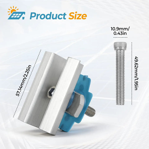 Heavy Duty Kickass Solar Panel Clamps With Bolt Nuts Corrosion Proof Aluminum Mid Mount Brackets showing size details.