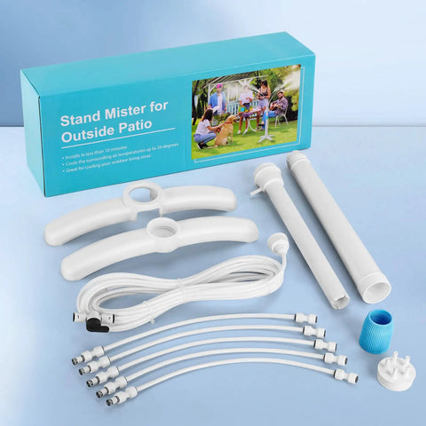Portable Misting Cooling System With Adjustable Riser Tube, 5 Spray Nozzles, And 26.2Ft Misting Line for patio use displayed.
