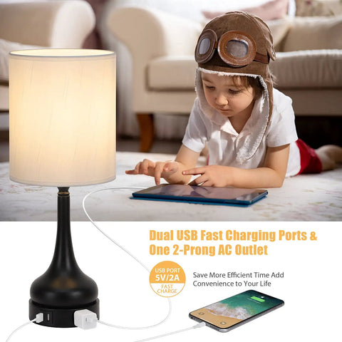 Child playing beside Touch Control Bedside Lamps Set Of 2 With 3-Way Dimming, USB Ports And AC Outlet, Modern Black Metal Base