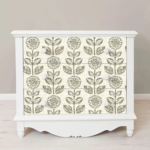 Floral Peel And Stick Wallpaper Tulip Print Neutral Self Adhesive Vinyl Covering For Kitchen And Bedroom, decorating a dresser.