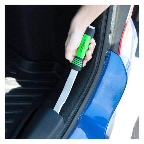 Hand using Seam Splitter Set For Auto Body Panels And Beefy Weld Removal Tools with straight seam splitter on car door panel
