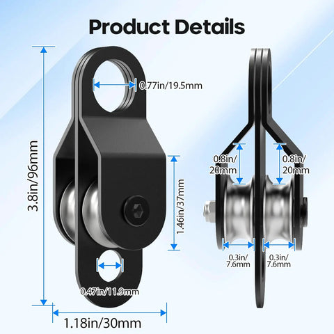 4 Pack Black Double Pulley Blocks With Ball Bearings For Snatch Cables Small Size Fits Three Tenths Inch Rope Durable Replacement Pulleys For Farm Gates Garage Lifts And Dock Ropes product details with 96mm height and 30mm width