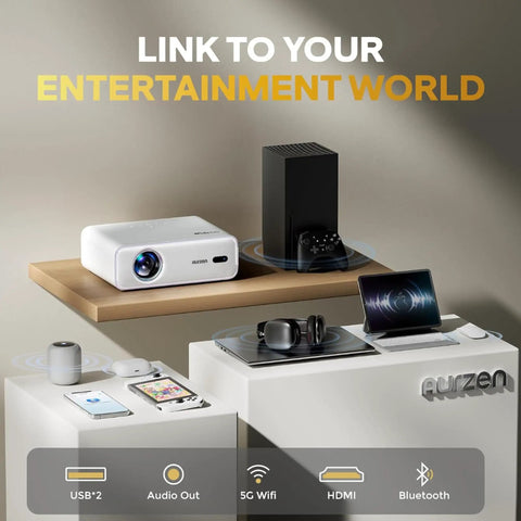D1 Smart Projector With WiFi And Bluetooth Built In Apps Auto Focus And Keystone on shelf next to speakers and gaming console.