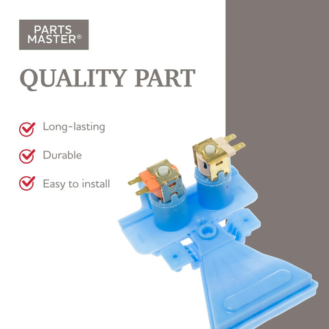 Parts Master GE washer water inlet valve replacement, blue plastic dual-valve assembly.