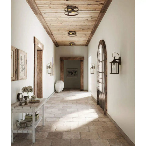 Hallway featuring Gulliver Collection 2-Light Weathered Gray Farmhouse Flush Mount Ceiling Light With Open Cage Frame