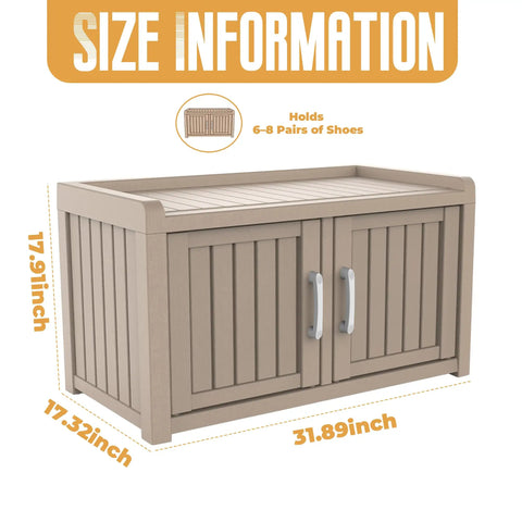 Waterproof UV Resistant Shoe Cabinet Storage Bench Indoor Outdoor With Adjustable Shelves Double Door Grey for up to eight pairs