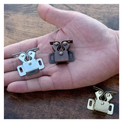 20 Pcs Metal Cabinet Latch For Wardrobe Door With Easy Install Spring Catch To Keep Kitchen Cupboards And Storage Units Locked Tight Secure And Stylishly, showing silver, bronze, and gold finishes.