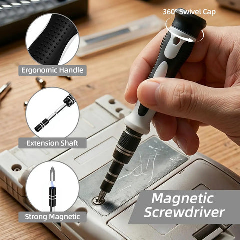 Close-up of hand using 115 In 1 Precision Screwdriver Set With Micro Magnetic Bits For Electronics Repair on a device.