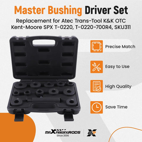 T0220 700R4 Master Pro Grade Bushing Driver Set for GM Transmissions in black case, open view showing 13-piece kit