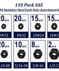 110 Pack Black Nylon Insert Lock Nuts Set For Inch Threaded Hardware SAE Nylock Nut Assortment Including 6-32, 8-32, 10-24, 10-32, 1/4-20, 5/16-18, 3/8-16, 1/2-13, 304 Stainless Steel displayed in grid format