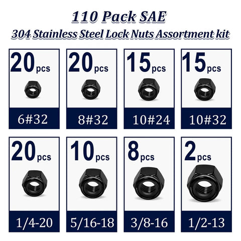 110 Pack Black Nylon Insert Lock Nuts Set For Inch Threaded Hardware SAE Nylock Nut Assortment Including 6-32, 8-32, 10-24, 10-32, 1/4-20, 5/16-18, 3/8-16, 1/2-13, 304 Stainless Steel displayed in grid format