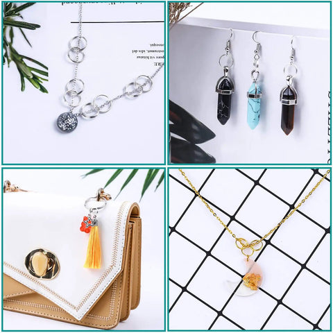 Split Rings For Jewelry Making Kit With 700 Pieces And Pliers, shown in assorted creations with necklaces and bracelets.
