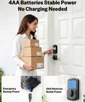 Woman using Front Door Lock Set With 2 Lever Handles Keyless Entry Deadbolt Fingerprint And Digital Keypad Matte Black 3 In 1 Unlock System while holding boxes.