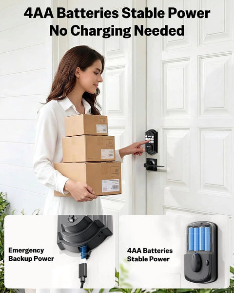 Woman using Front Door Lock Set With 2 Lever Handles Keyless Entry Deadbolt Fingerprint And Digital Keypad Matte Black 3 In 1 Unlock System while holding boxes.