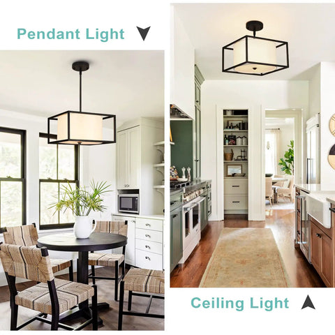 Dope Modern Semi Flush Mount Ceiling Light With Fabric Drum Shade And Black Metal Frame in dining and kitchen area