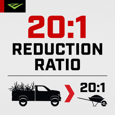 Illustration of 20:1 reduction ratio for Heavy Duty 212cc 4 Cycle Chipper Shredder with truck and wheelbarrow imagery