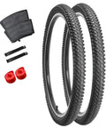 2 Pack 26 Inch Bike Tires 26x1.95 Mountain Bike Tires for MTB Off Road Folding Replacement Tire with Schrader Valve Inner Tubes Tire Levers and Rim Strips Included displayed with accessories.
