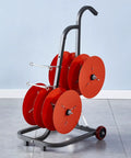 Heavy Duty Cable Spool Dispenser With Wheels for Industrial Wire Unroller, steel frame, red reels, portable reel cart