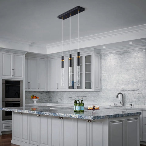 Three Light Dimmable LED Pendant Light Fixture In Modern Black With Bubble Crystal Orbs, Hanging Over Kitchen Island