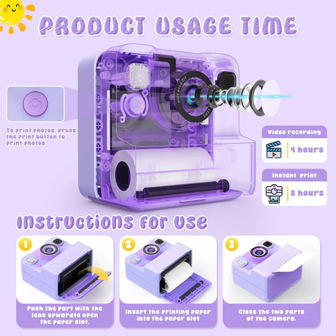 Kids Camera With Instant Print And Flip Lens, 1080P HD Video, Inkless Pocket Digital Camera For Kids Ages 3 To 12, 32GB Card Included, Portable Travel Buddy Gift For Boys And Girls, 3 Rolls Print Paper, Purple with usage instructions.