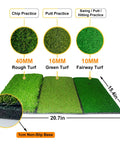 Three types of practice turf for golf, including 40mm rough, 16mm green, and 10mm fairway, with a 1cm non-slip base, dimensions shown.