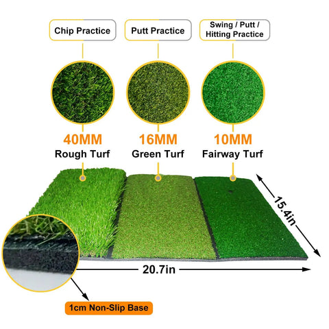 Three types of practice turf for golf, including 40mm rough, 16mm green, and 10mm fairway, with a 1cm non-slip base, dimensions shown.