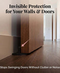4 Pack Barn Door Floor Guides Adjustable Sliding Door Bottom Guide Floor Mount Heavy Duty T Shape Anti Jump Stability Support For Sliding Doors With Screws And Anchors Durable Nylon Construction Fits Most Track Systems Easy Install. Close-up of a T-shape floor guide under a wooden sliding door on a floor, showing stability support.