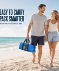 Couple walking on beach holding Portable Beach Sun Shelter For 2 To 8 People, UPF 50 Plus UV Protection, waterproof carry bag