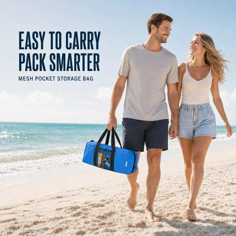Couple walking on beach holding Portable Beach Sun Shelter For 2 To 8 People, UPF 50 Plus UV Protection, waterproof carry bag
