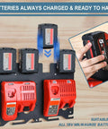 Heavy Gauge Metal Wall Mount Rack For Milwaukee 18V Battery And Dual Charger Stand With Cordless Drill Holder displaying charged batteries.
