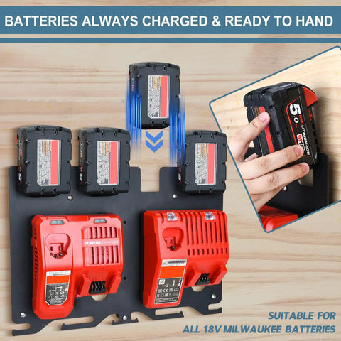 Heavy Gauge Metal Wall Mount Rack For Milwaukee 18V Battery And Dual Charger Stand With Cordless Drill Holder displaying charged batteries.