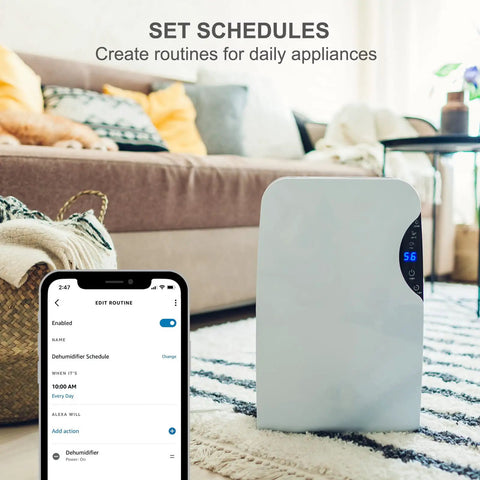 Smart Plug That Works With Alexa And Google Assistant For Easy Home Automation shown controlling a dehumidifier and app screen