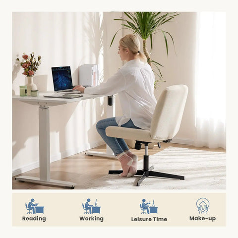 Woman using Armless Swivel Desk Chair No Wheels With Wide Seat For Home Office and Vanity Comfy Criss Cross Design for work