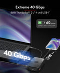 Blazing Fast Thunderbolt 4 Docking Station For Dual M.2 Nvme Ssd Drives With Raid Mode And Usb4 Hub connected to laptop and phone, showing 40Gbps transfer.