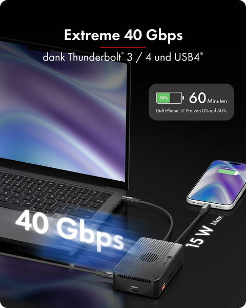 Blazing Fast Thunderbolt 4 Docking Station For Dual M.2 Nvme Ssd Drives With Raid Mode And Usb4 Hub connected to laptop and phone, showing 40Gbps transfer.