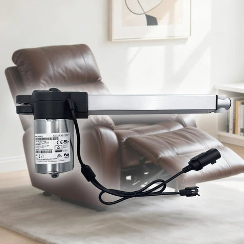 JLDQ.19.345.180D01 Linear Actuator Motor for electric sofas, 345 mm install size, shown beside a recliner