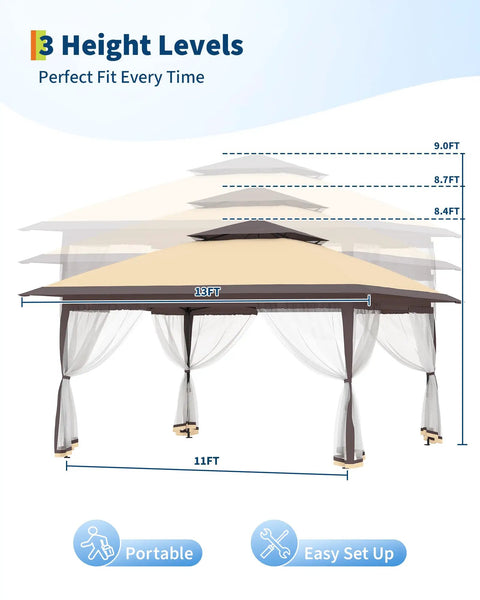 13x13 Ft Pop Up Canopy Gazebo With One Push Setup For Quick Shade Includes 4 Sand Bags Mosquito Netting Height Adjustable Sides