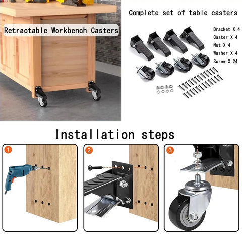 Heavy Duty Retractable Casters Set Of Four With Floor Mount Hardware Built Tough For Any Workshop Table Or Utility Cart Offering Rock Solid Locking Stability And Smooth Rolling Glide Across Concrete Surfaces Handling 300 KG Loads Like A Champ, installation steps and parts overview.