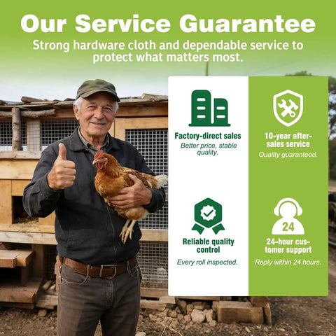 Farmer holding chicken with sign about Heavy Duty 16 Inch By 50 Foot Hardware Cloth Welded Wire Mesh With Half Inch Openings