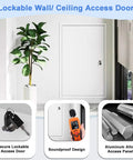 Smooth Paintable Access Panel For Drywall Seamless Wall Cover Flush Mount Door shown in a modern interior setting with a key lock.